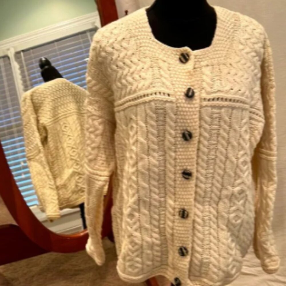 Aran Isles Cableknit 100% Wool Cardigan with beautiful buttons